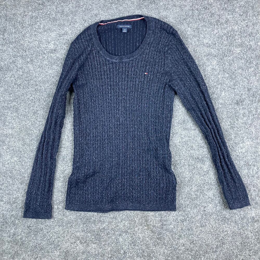 Tommy Hilfiger Sweater Womens Size L Navy Ribbed‎ Knit Metallic Logo Long Sleeve
